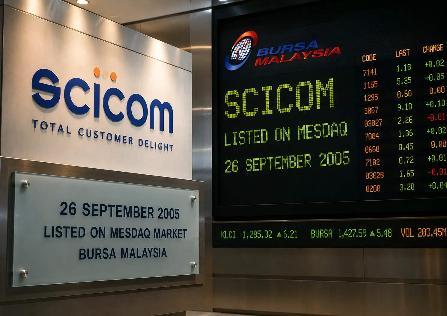 Scicom signage beside a plaque marking its listing on the MESDAQ Market of Bursa Malaysia on 26 September 2005
