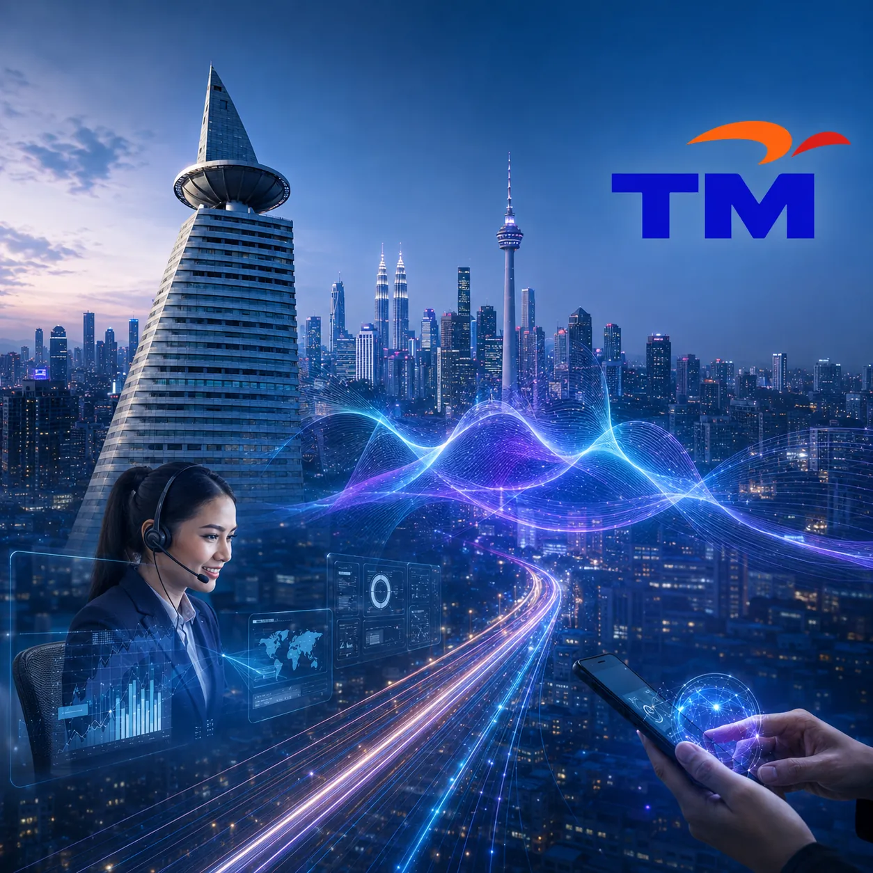 A Scicom service agent and the Kuala Lumpur skyline with the Telekom Malaysia logo, representing Scicom’s AI-enabled services and its partnership with Telekom Malaysia